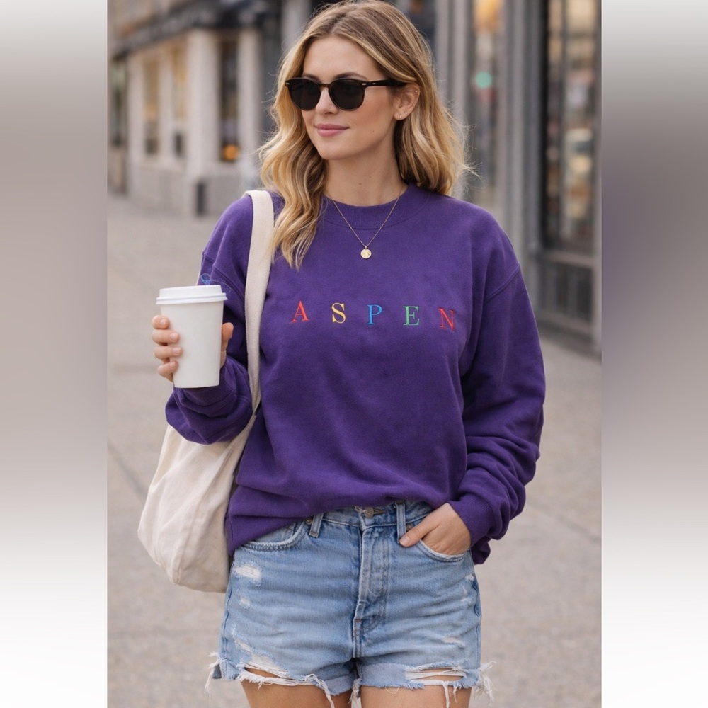 Vintage 90s Aspen Crewneck Sweatshirt Purple M Cozy Ski Vibe